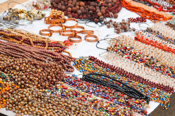 Holy Sacred Traditional Religious Cultural Colorful Ornamental Necklaces Garlands Or Mala Made Of Rudraksha And Pearls Worn By Devotees For Worship Of God In India