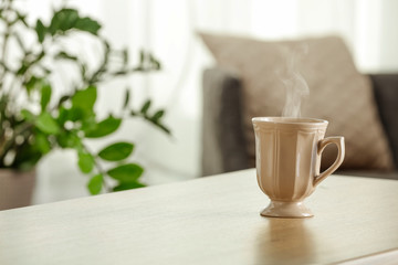 Desk of free space and blurred background of window 