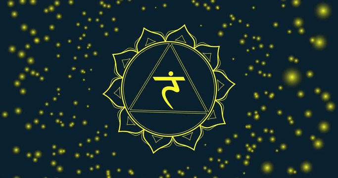 Animated chakra Manipura. The third symbol is gold. 10 petals of lotus in the stroke. Isotherics. Yoga icon. Om sign