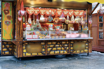 Stand with sweets on Christmas Market Kaiser Wilhelm Church Berlin