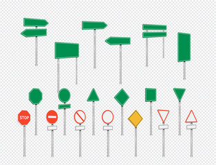 Realistic green road sign set with transparent background, vector illustration