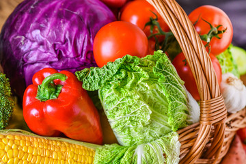 Assortment of raw fruits and vegetables, fresh mix vegetable.