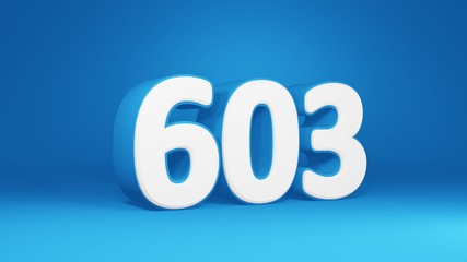 Number 603 in white on light blue background, isolated number 3d render