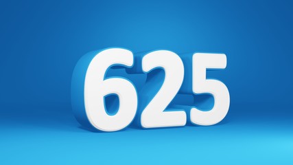 Number 625 in white on light blue background, isolated number 3d render