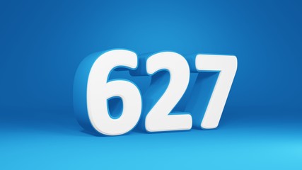 Number 627 in white on light blue background, isolated number 3d render