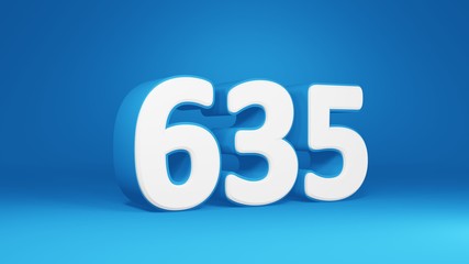 Number 635 in white on light blue background, isolated number 3d render