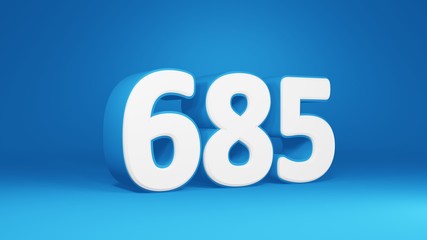 Number 685 in white on light blue background, isolated number 3d render