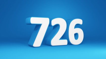 Number 726 in white on light blue background, isolated number 3d render