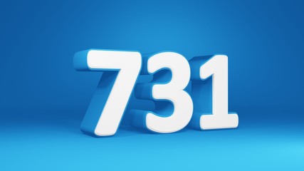 Number 731 in white on light blue background, isolated number 3d render