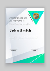 Official white certificate with green blue design elements. Modern blank with gold emblem. Vector illustration