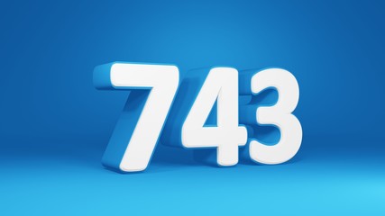 Number 743 in white on light blue background, isolated number 3d render