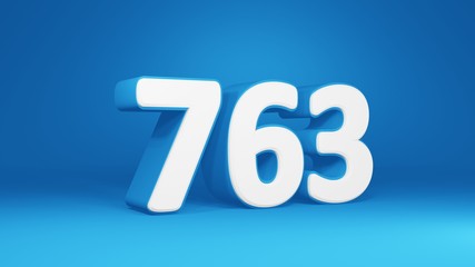 Number 763 in white on light blue background, isolated number 3d render