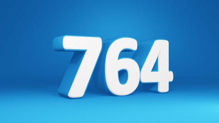 Number 764 in white on light blue background, isolated number 3d render