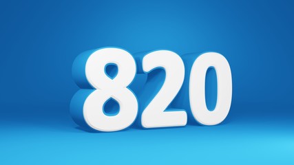 Number 820 in white on light blue background, isolated number 3d render