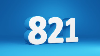 Number 821 in white on light blue background, isolated number 3d render