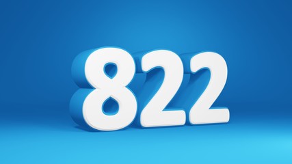 Number 822 in white on light blue background, isolated number 3d render