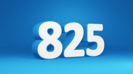 Number 825 in white on light blue background, isolated number 3d render