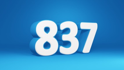 Number 837 in white on light blue background, isolated number 3d render