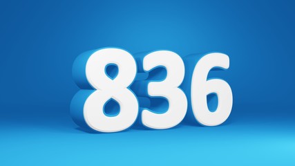 Number 836 in white on light blue background, isolated number 3d render