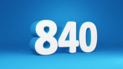 Number 840 in white on light blue background, isolated number 3d render