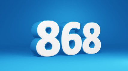 Number 868 in white on light blue background, isolated number 3d render