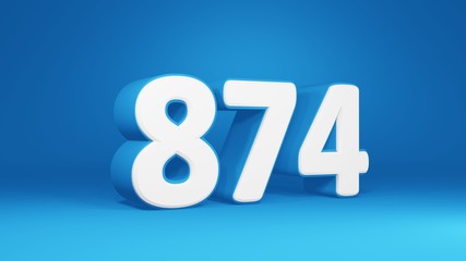 Number 874 in white on light blue background, isolated number 3d render