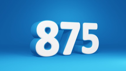 Number 875 in white on light blue background, isolated number 3d render