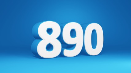 Number 890 in white on light blue background, isolated number 3d render