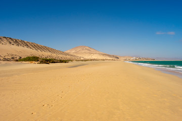 Fototapeta na wymiar Sand Dunes in Corralejo, Fuerteventura, Canary Islands, Spain. Sand or Desert against Blue sky 