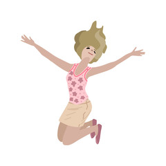 Jumping woman happy and smiling. Vector illustration