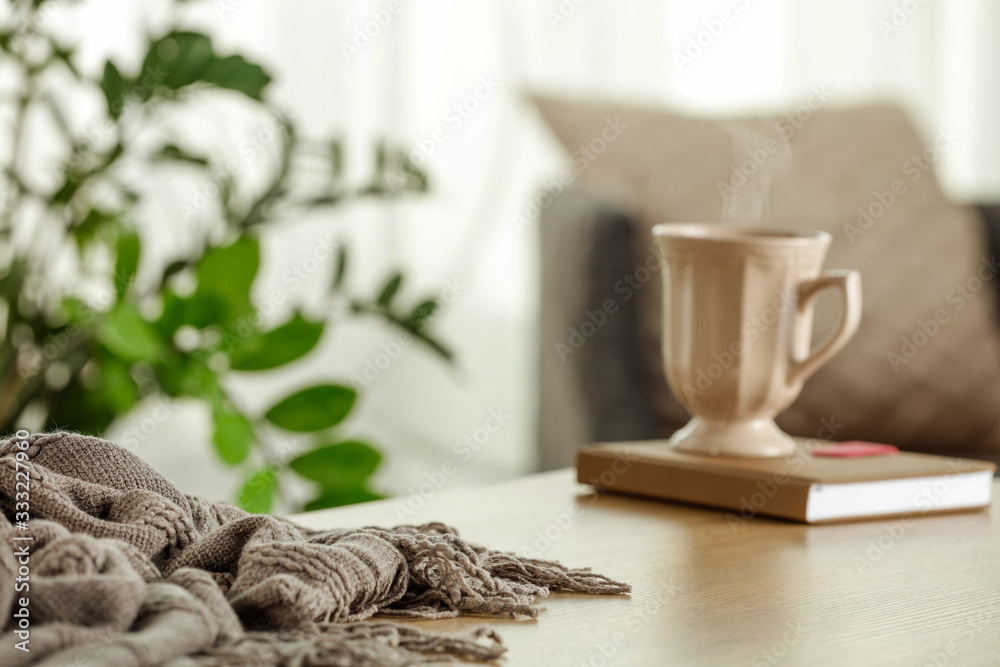 Wall mural desk of free space and blurred background of window