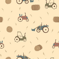 Tractor and haystack seamless pattern.  Cute farm pattern for kids on yellow background. Cartoon childish tractor, machine, hay for wrapping paper, fabric, textile, wallpaper, home decor © Anastasiia