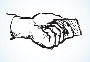 Hand with business card. Vector drawing