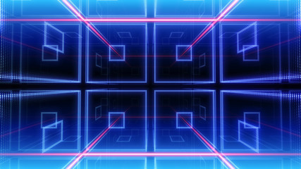 Disco club space illumination neon light room floor wall 3D illustration abstract background