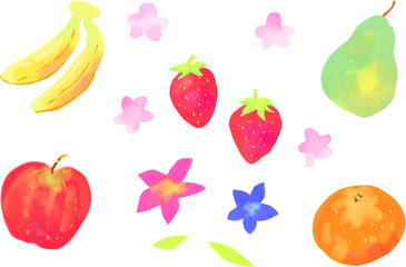 Watercolor vector fruit and flowers illustration for spring. Soft bright colors with natural food and floral designs. Painting of apple banana strawberry orange pear sakura cherry blossom flowers.