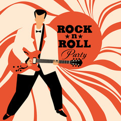 Postcard Rock and roll party. Stylish vintage guy with a guitar. Vector hand drawing full color