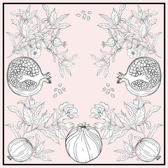 Silk scarf with pomegranate branch with fruits and flowers. Card, bandana print, kerchief design, napkin, wedding invitation, birthday, fabric, healfy food, scrapbook. Ready for print.