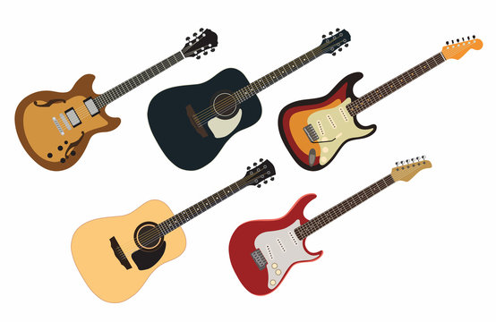 Set of different types of guitars. Isolate. Vector hand drawing full color