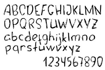 Textured English script. Grunge vector alphabet on white background Black ink scribble letter and number