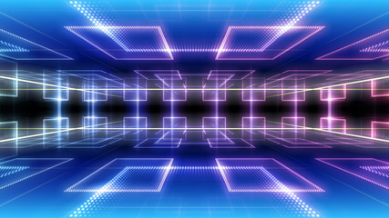 Disco club space illumination neon light room floor wall 3D illustration abstract background