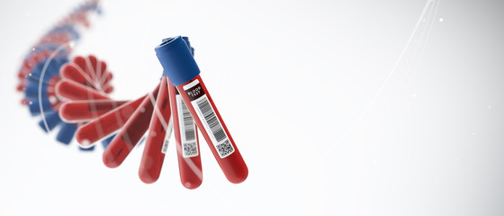 Blood test vials forming dna technology testing abstract 3d illustration