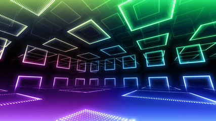 Disco club space illumination neon light room floor wall 3D illustration abstract background