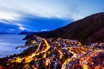 Aerial view of residential area in Molde, Norway at night