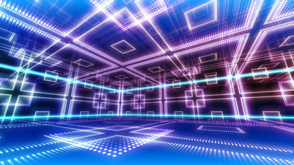 Disco club space illumination neon light room floor wall 3D illustration abstract background