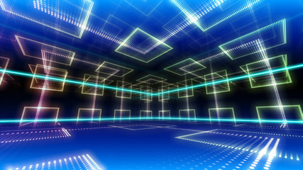 Disco club space illumination neon light room floor wall 3D illustration abstract background