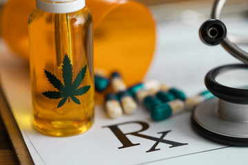 Capsules and hemp oil are on medical document
