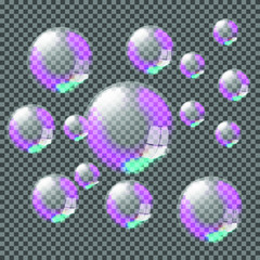 Set of realistic transparent colorful soap bubbles with rainbow reflection isolated on checkered background. Vector texture.