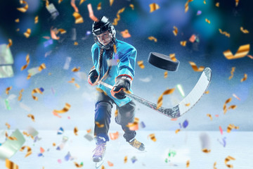Naklejka premium Match winner. Professional sportswoman caught in moment of winning and confetti flying. Motion and action, reaching target, sport and healthy lifestyle concept. Competition, championship. Hockey