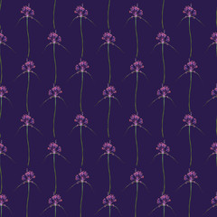 Pink small prairie wild onion flower, hand painted watercolor illustration, seamless pattern design on dark blue background