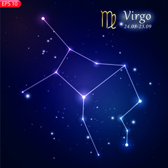 Zodiacal constellation with bright stars. Star sign and dates of birth on deep space background. Astrology horoscope with unique positive people personality traits vector illustration.